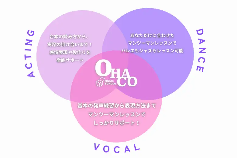 ミュージカルの３つの必須項目、【歌、演技、ダンス】をマンツーマンレッスンで学べます！