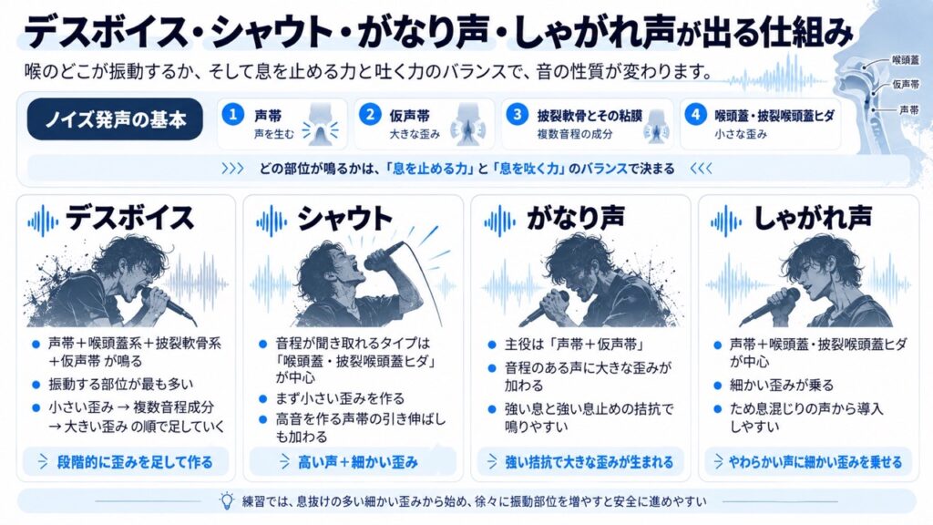 デスボイス・シャウト・がなり声・しゃがれ声が出る仕組みを、声帯・仮声帯・披裂軟骨・喉頭蓋などの振動する組織の違いから解説した図。