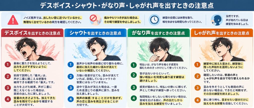 デスボイス・シャウト・がなり声・しゃがれ声を安全に練習するための注意点を、歪みの維持・出力の調整・声枯れの確認などに分けてまとめた図。