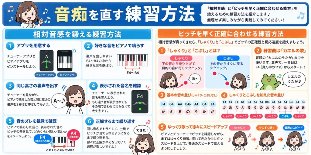 ピアノとチューナーアプリを使った相対音感の練習と、しゃくり・こぶしを使ってピッチの正確性と反応速度を鍛える方法の図解